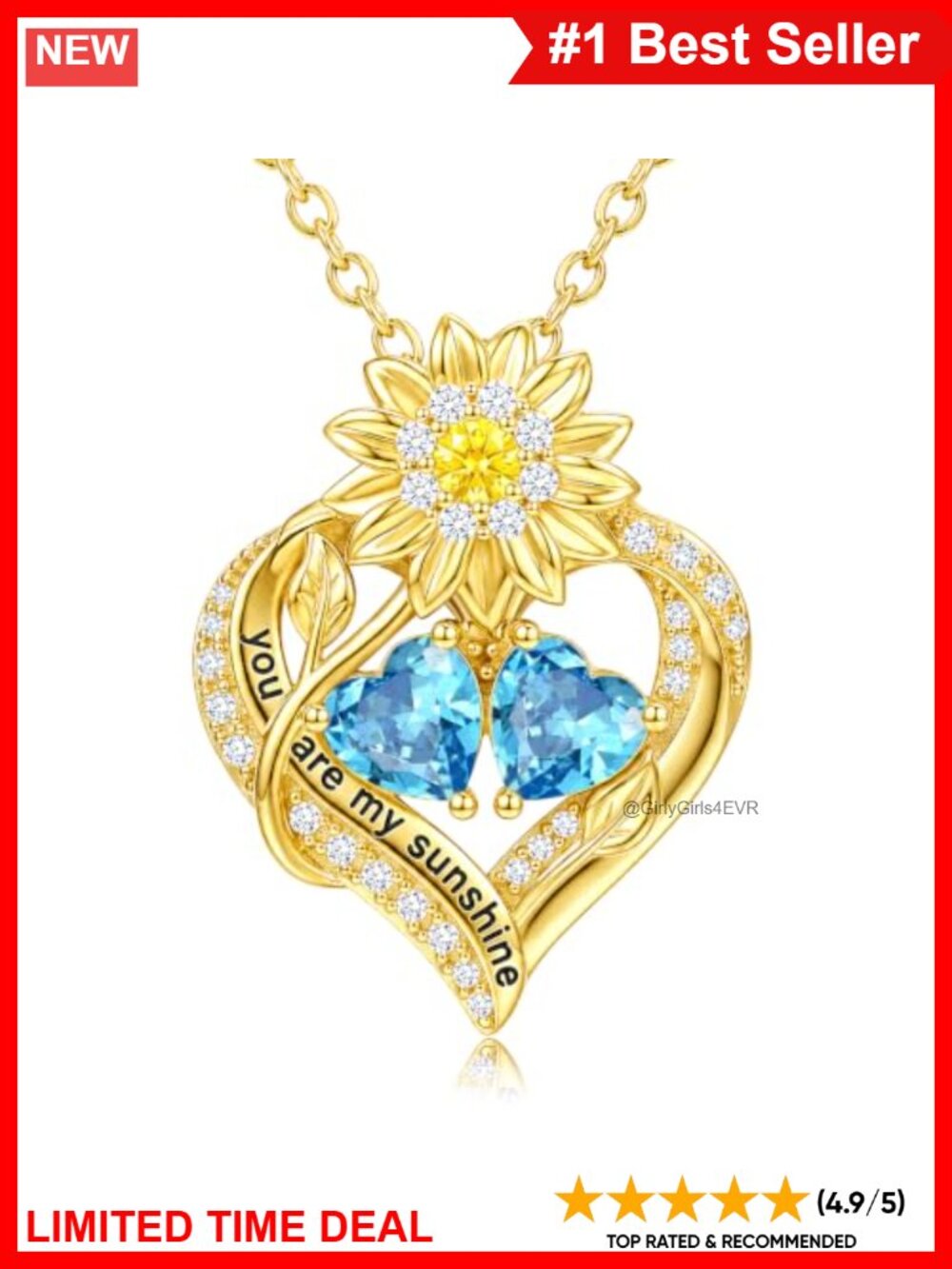14K Gold Double Birthstone Sunflower Heart Pendant Necklace for Women